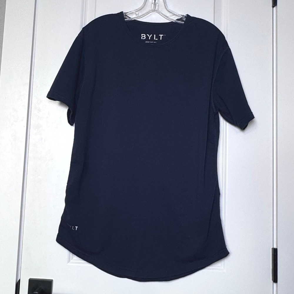 BYLT Basics Mens Drop Cut Short Sleeve Shirt Navy Blue Slim Fit Medium Stretch